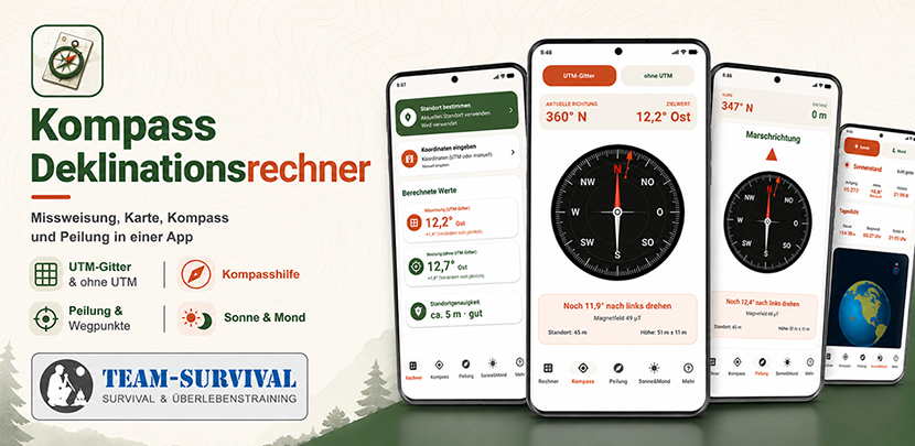 Kompass Deklinationsrechner App mit Missweisung, UTM-Gitter, Kompasshilfe, Peilung und Sonne und Mond